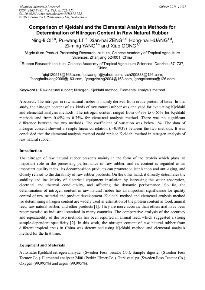 Comparison of Kjeldahl and the Elemental Analysis Methods for