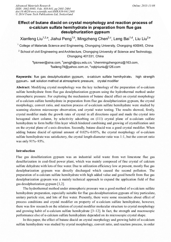 Effect of Butane Diacid on Crystal Morphology and Reaction Process of α