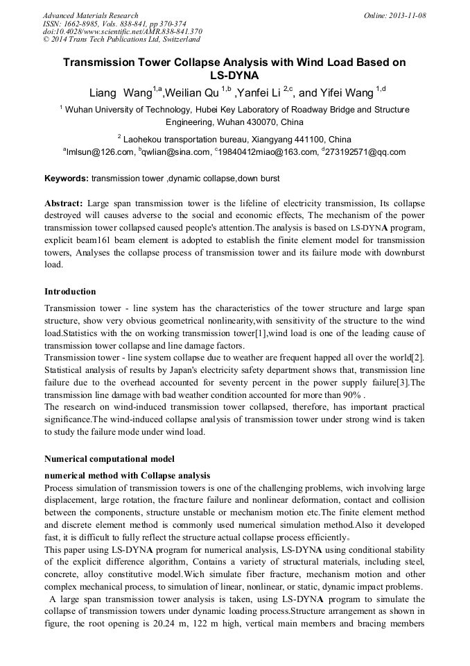 Transmission Tower Collapse Analysis with Wind Load Based on LSDYNA
