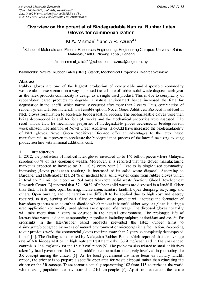 Overview on the Potential of Biodegradable Natural Rubber Latex Gloves