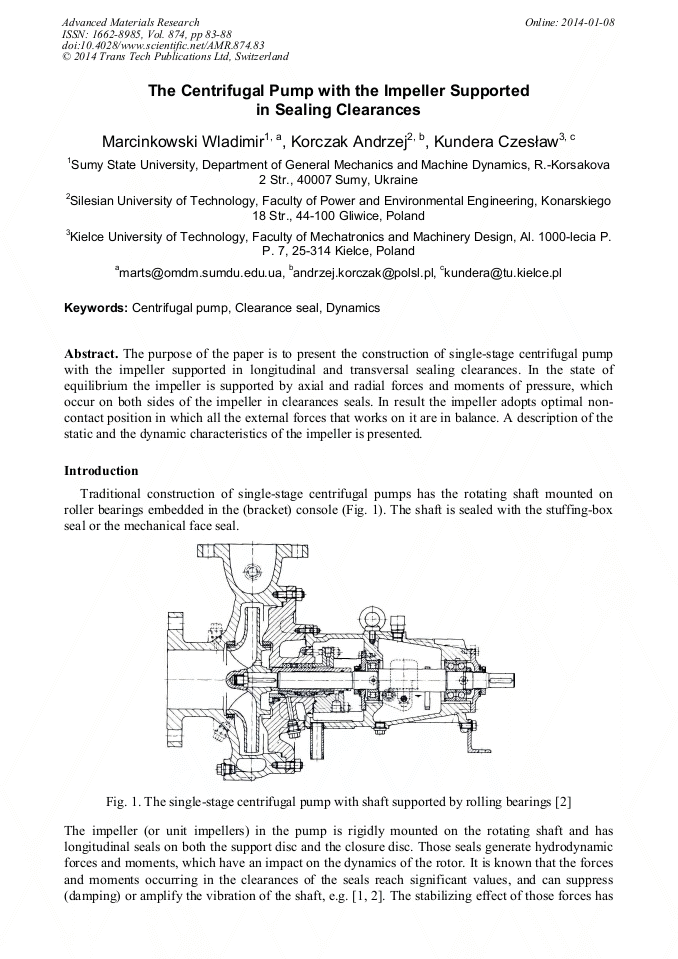 The Centrifugal Pump with the Impeller Supported in Sealing Clearances