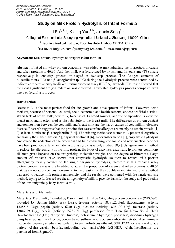 Study on Milk Protein Hydrolysis of Infant Formula