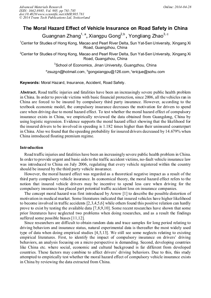 The Moral Hazard Effect of Vehicle Insurance on Road Safety in China
