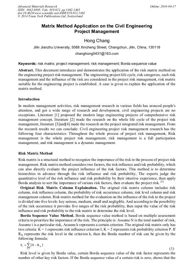 Matrix Method Application on the Civil Engineering Project