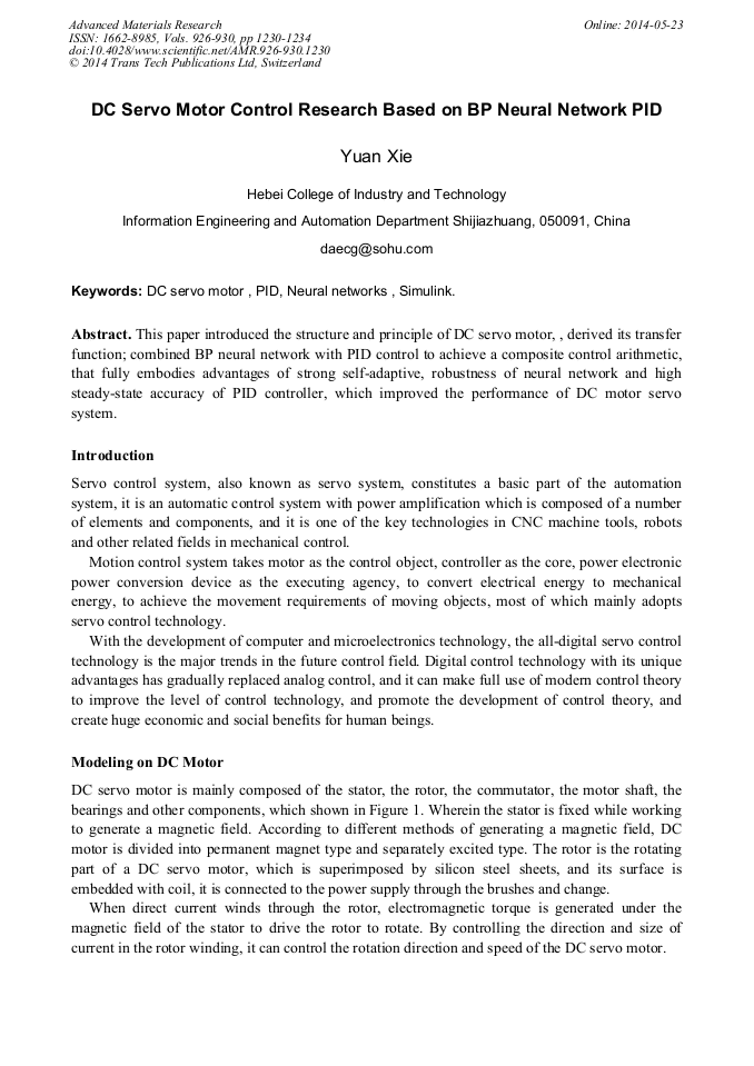 DC Servo Motor Control Research Based on BP Neural Network PID
