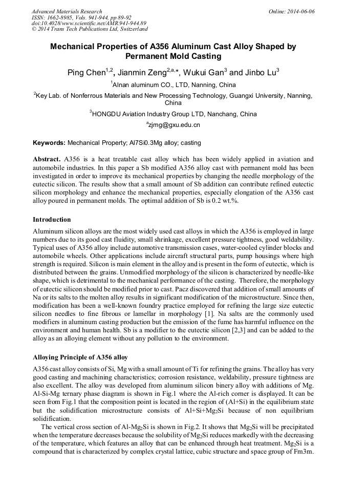 Mechanical Properties of A356 Aluminum Cast Alloy Shaped by Permanent Mold Casting