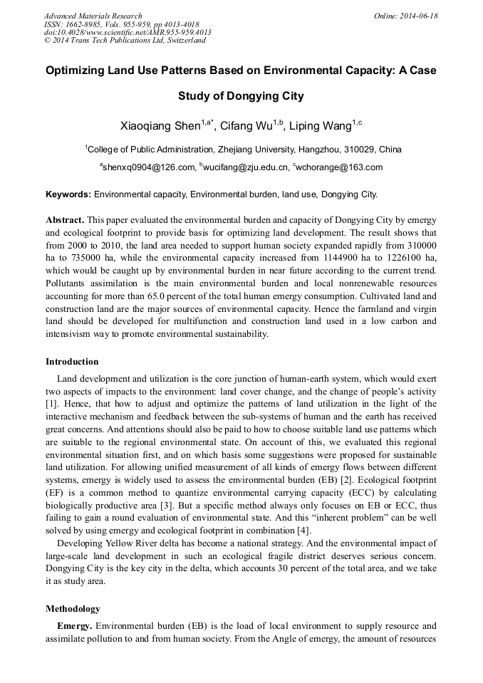 Optimizing Land Use Patterns Based on Environmental Capacity A Case