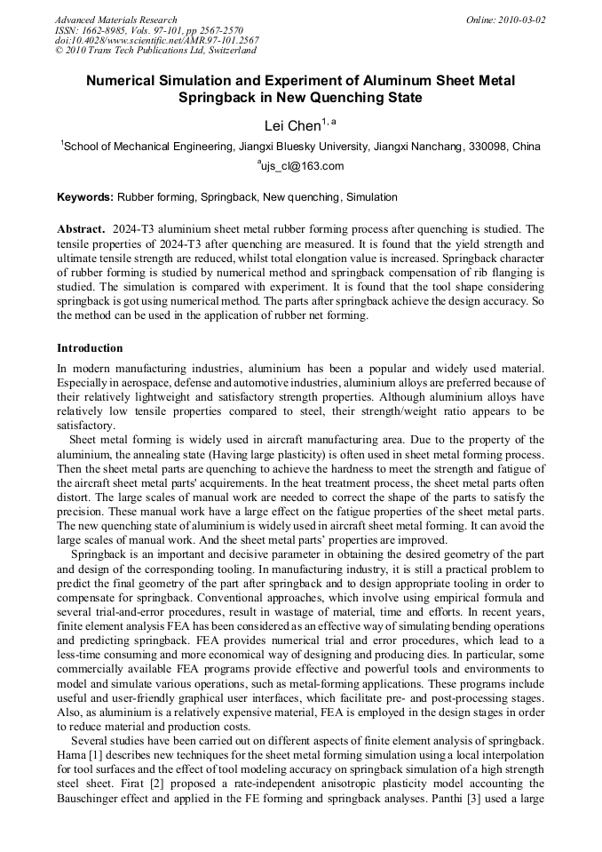Numerical Simulation and Experiment of Aluminum Sheet Metal Springback