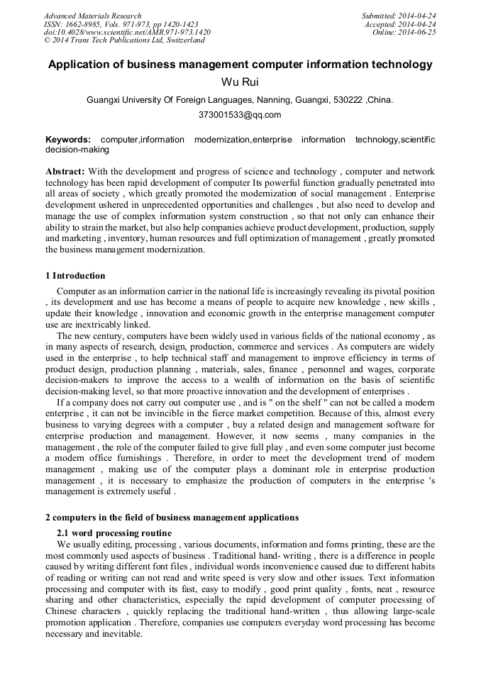 Application of Business Management Computer Information
