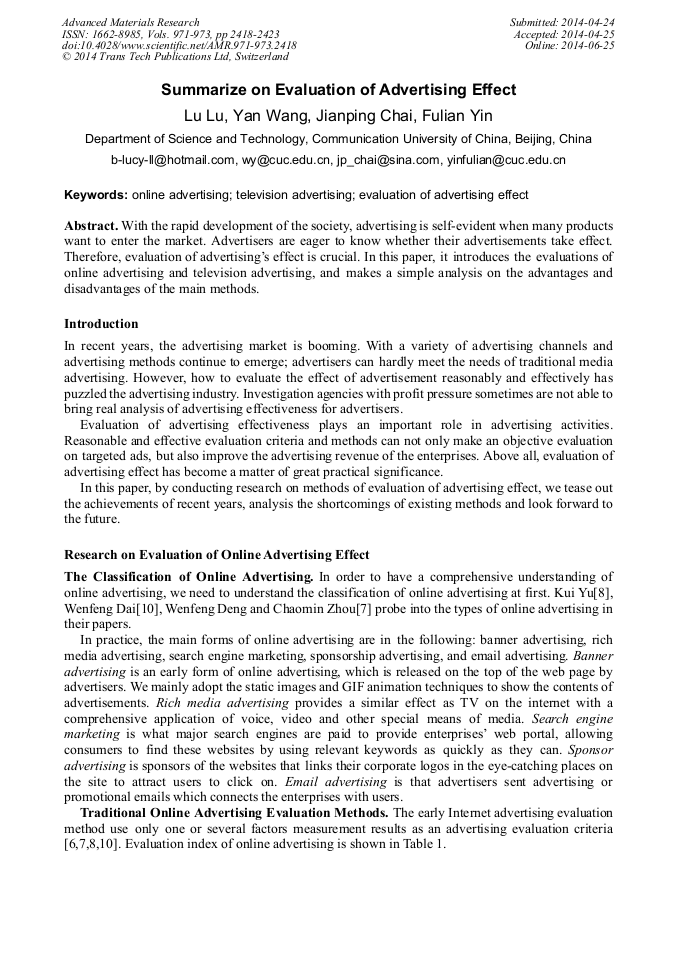 Summarize on Evaluation of Advertising Effect
