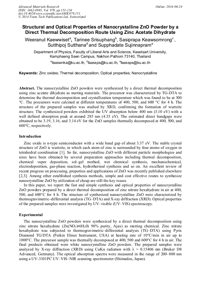 Structural and Optical Properties of Nanocrystalline ZnO Powder by a