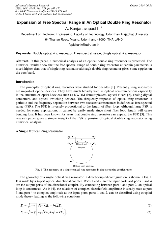 Expansion of Free Spectral Range in an Optical Double Ring Resonator