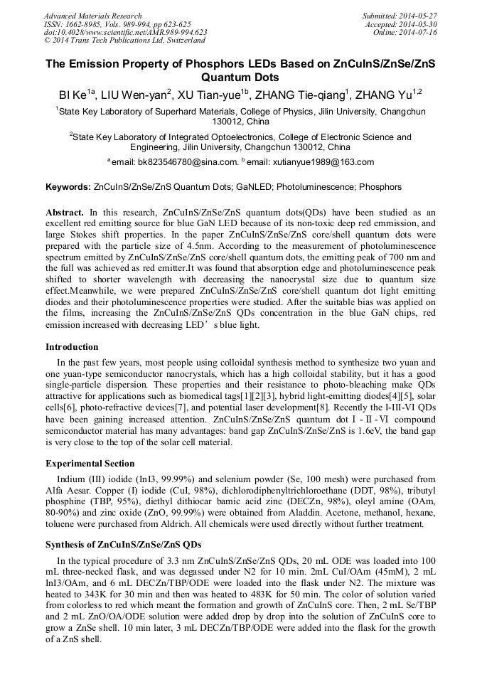 The Emission Property of Phosphors LEDs Based on ZnCuInS/ZnSe/ZnS