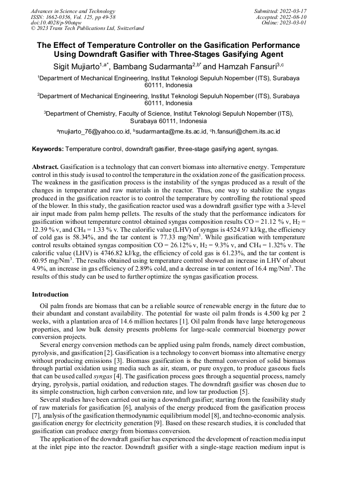 The Effect of Temperature Controller on the Gasification Performance