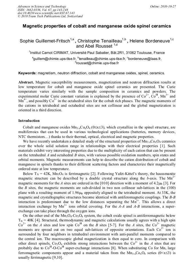 Properties of Cobalt and Manganese Oxide Spinel Ceramics