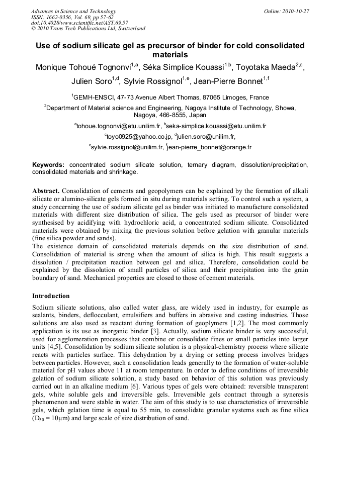 Use of Sodium Silicate Gel as Precursor of Binder for Cold Consolidated