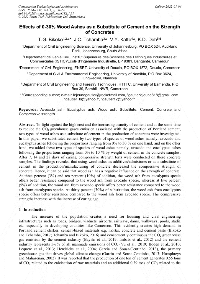 Effects of 030 Wood Ashes as a Substitute of Cement on the Strength
