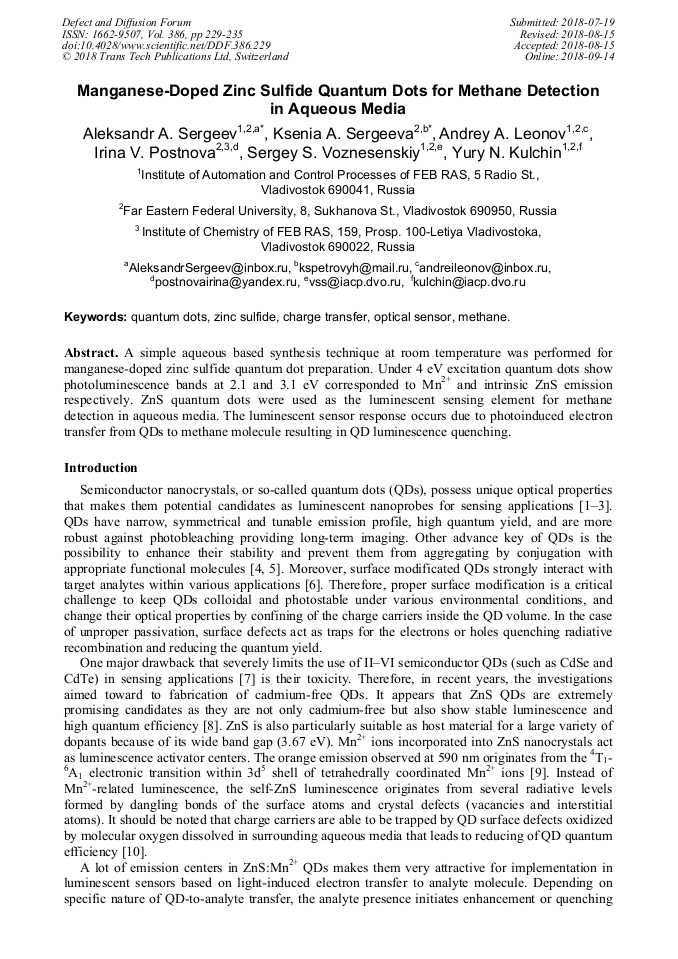 ManganeseDoped Zinc Sulfide Quantum Dots for Methane Detection in