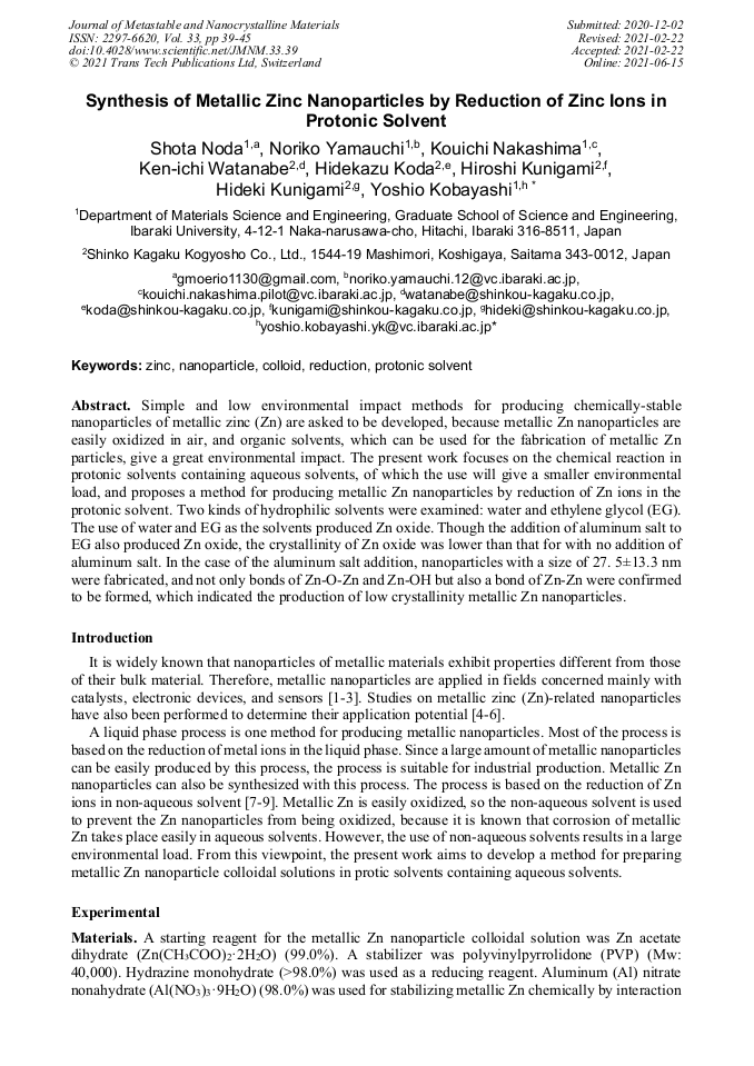 Synthesis of Metallic Zinc Nanoparticles by Reduction of Zinc Ions in