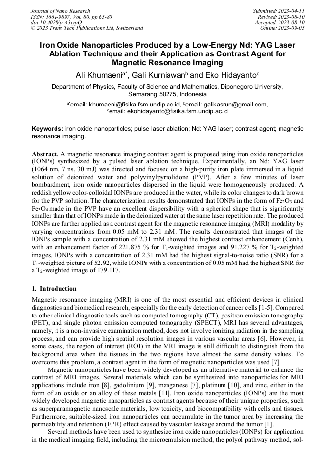 Iron Oxide Nanoparticles Produced by a LowEnergy Nd YAG Laser