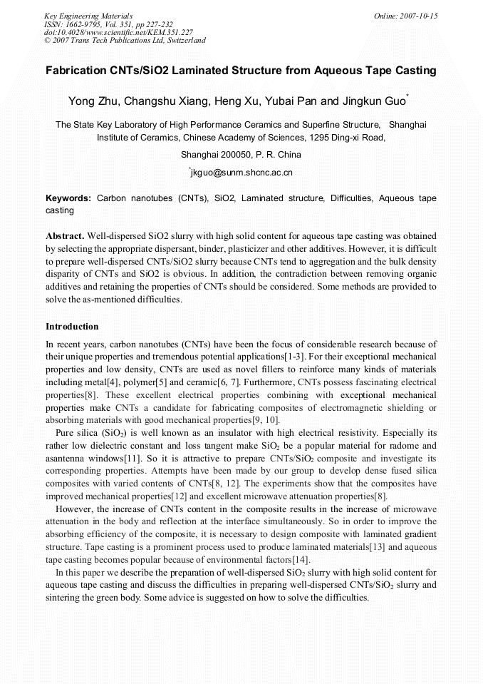 Fabrication CNTs/SiO2 Laminated Structure from Aqueous Tape Casting