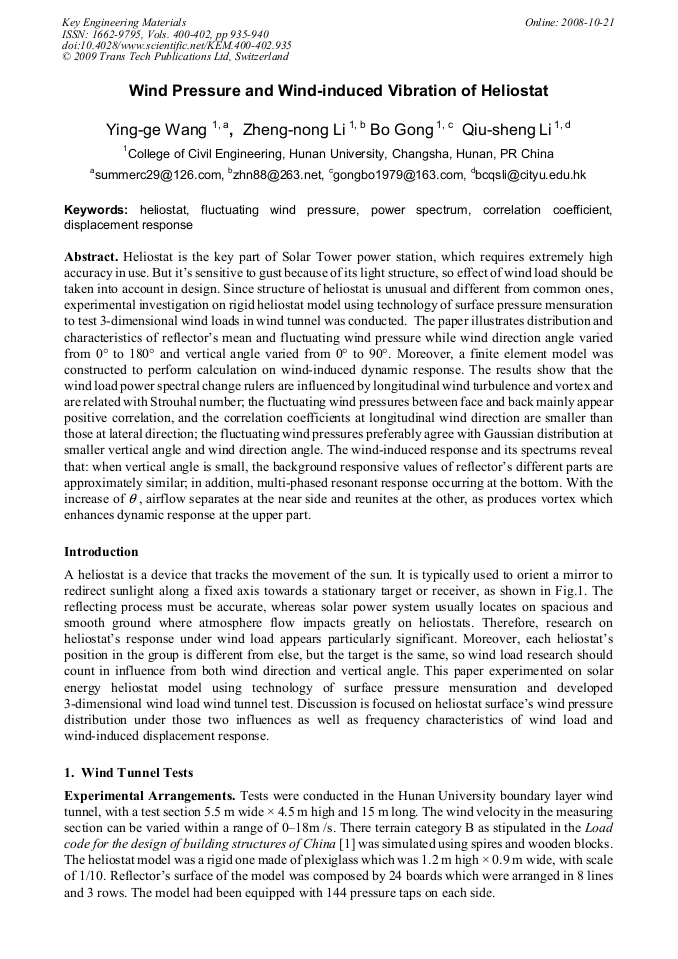 Wind Pressure and WindInduced Vibration of Heliostat