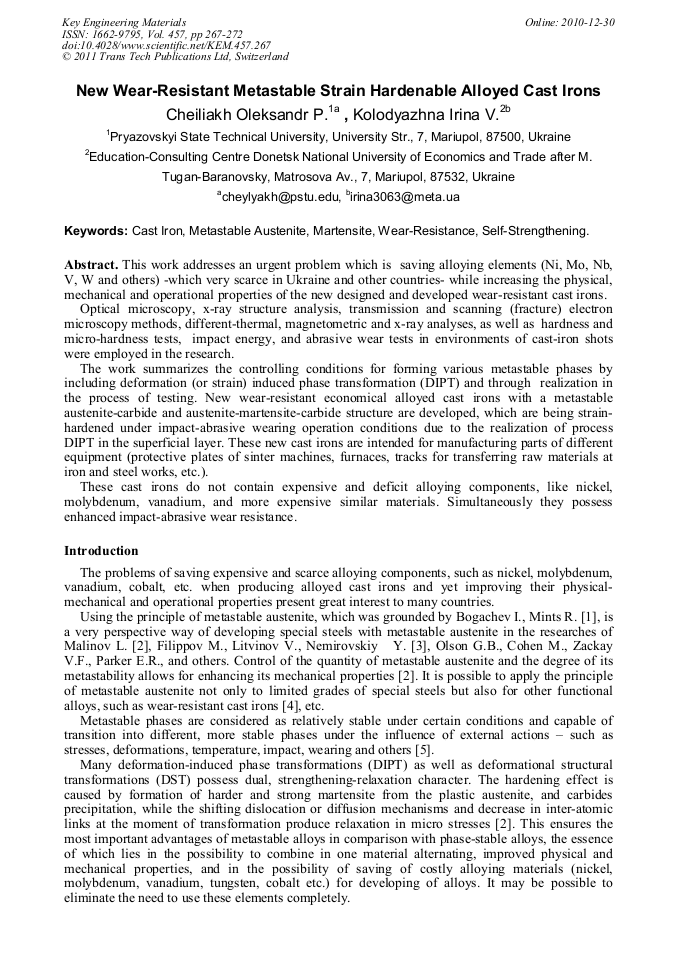 New WearResistant Metastable Strain Hardenable Alloyed Cast Irons