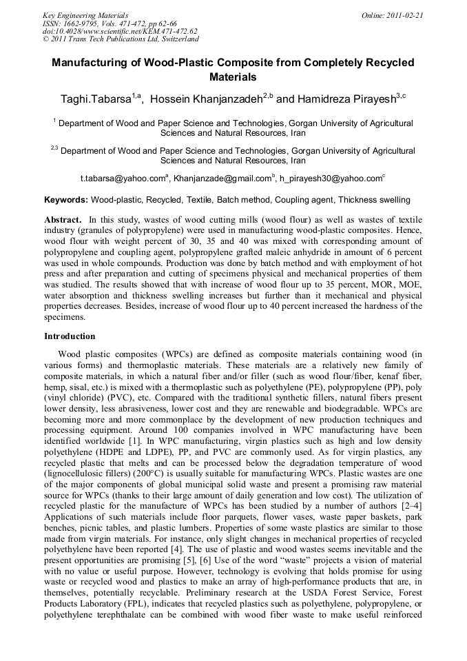 Manufacturing of WoodPlastic Composite from Completely Recycled