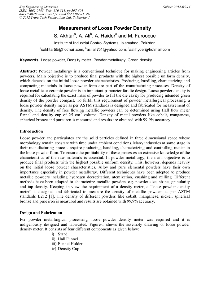 Measurement of Loose Powder Density