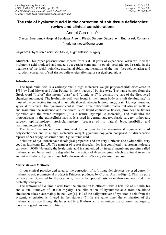 The Role of Hyaluronic Acid in the Correction of Soft Tissue