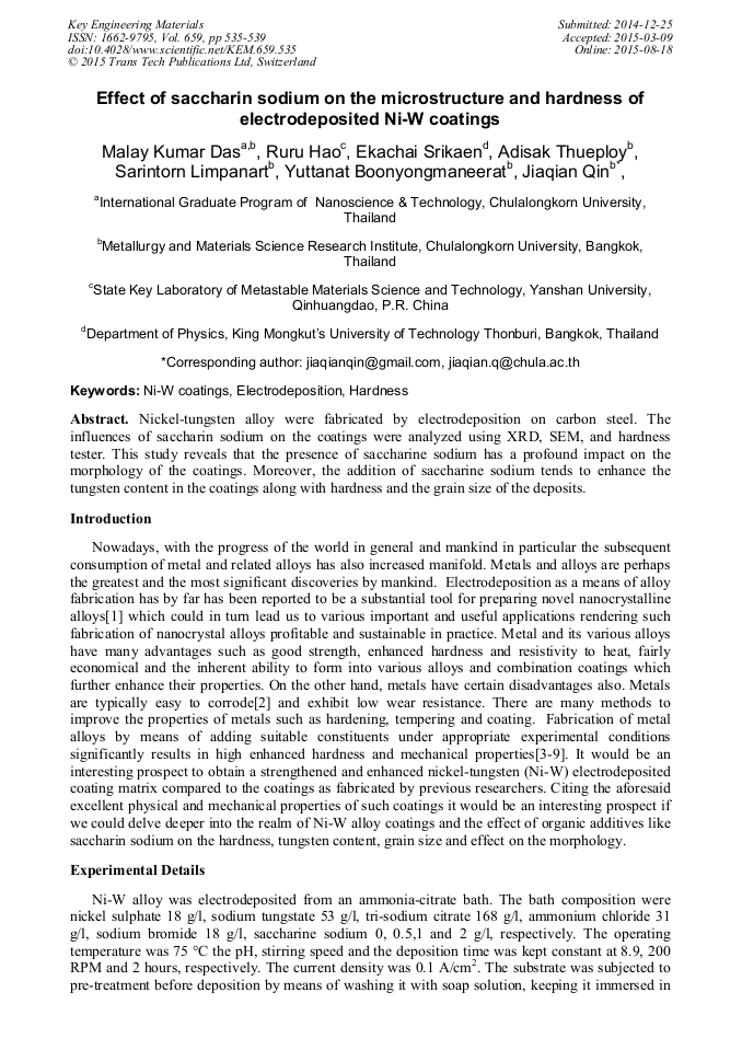 Effect of Saccharin Sodium on the Microstructure and Hardness of Electrodeposited NiW Coatings