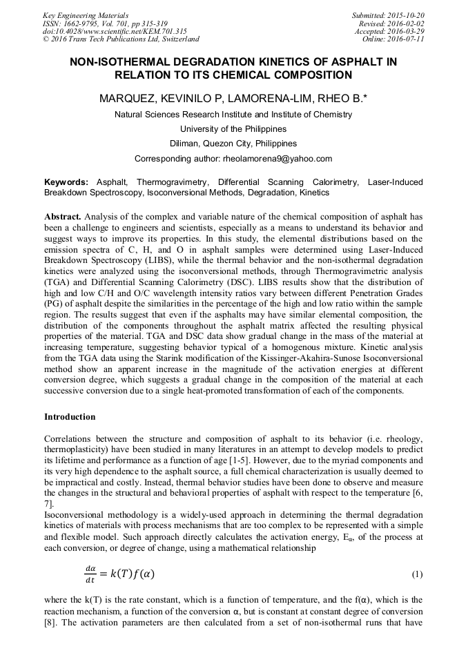 NonIsothermal Degradation of Asphalt in Relation to its