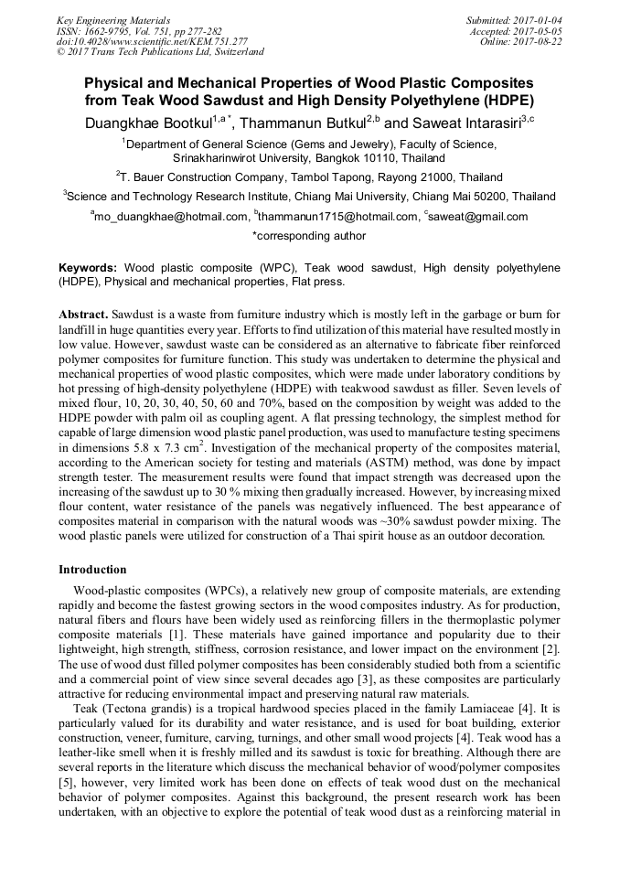 Physical and Mechanical Properties of Wood Plastic Composites from Teak