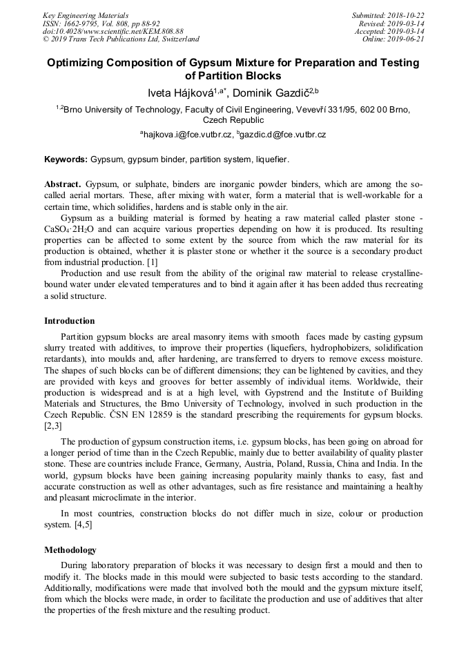 Optimizing Composition of Gypsum Mixture for Preparation and Testing of