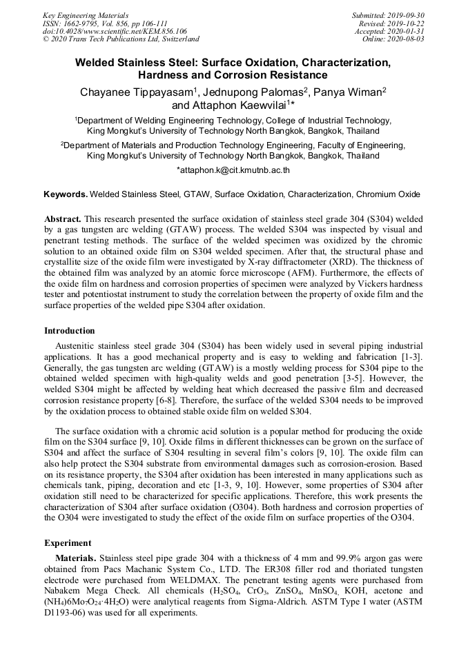 Welded Stainless Steel Surface Oxidation, Characterization, Hardness