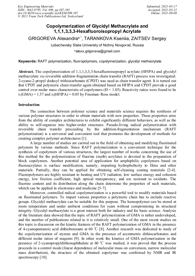 Copolymerization of Glycidyl Methacrylate and 1,1,1,3,3,3