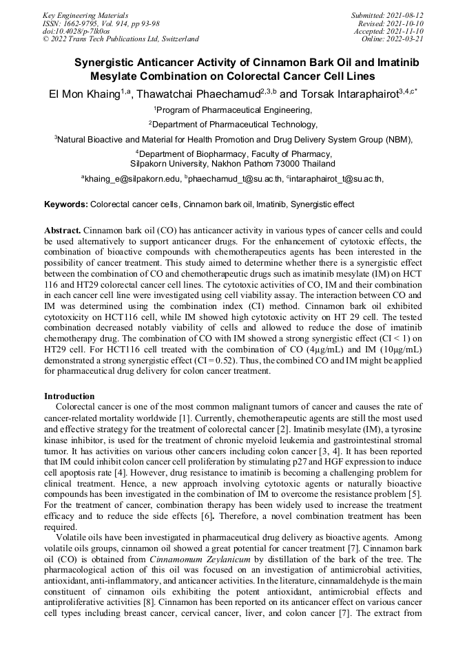 Synergistic Anticancer Activity of Cinnamon Bark Oil and Imatinib