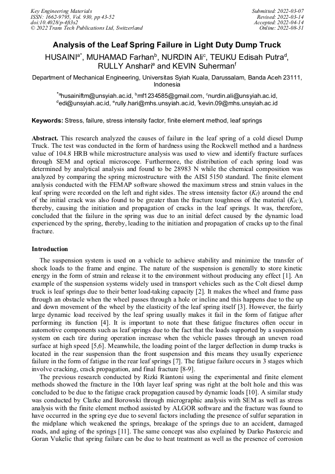 Analysis of the Leaf Spring Failure in Light Duty Dump Truck