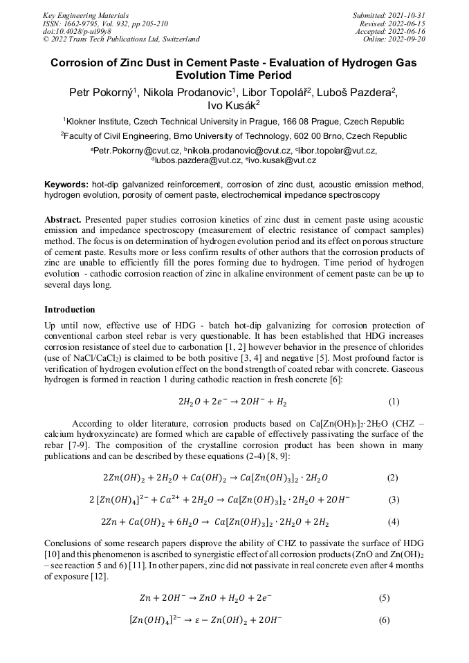 Corrosion of Zinc Dust in Cement Paste Evaluation of Hydrogen Gas