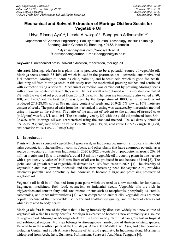 Mechanical and Solvent Extraction of Moringa Oleifera Seeds for