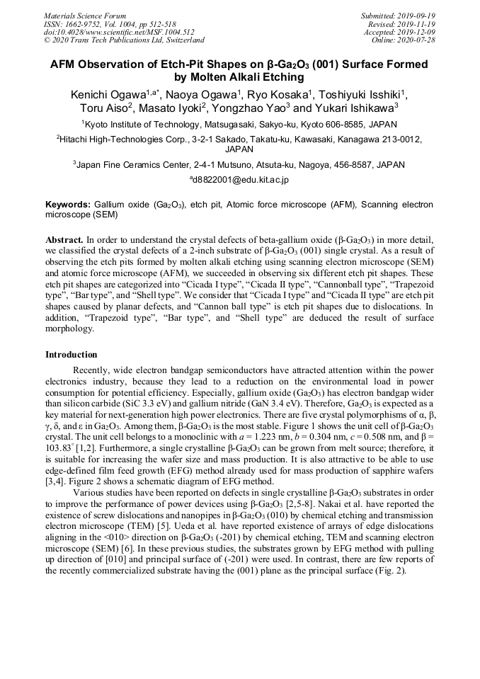 AFM Observation of EtchPit Shapes on βGa2O3 (001) Surface Formed by Molten Alkali Etching