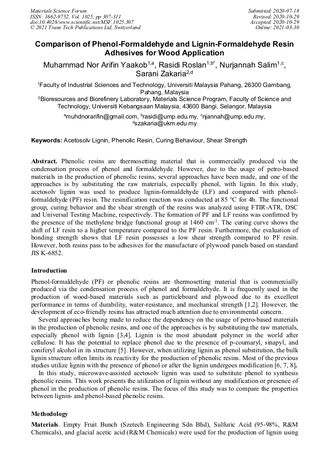 Comparison of PhenolFormaldehyde and LigninFormaldehyde Resin