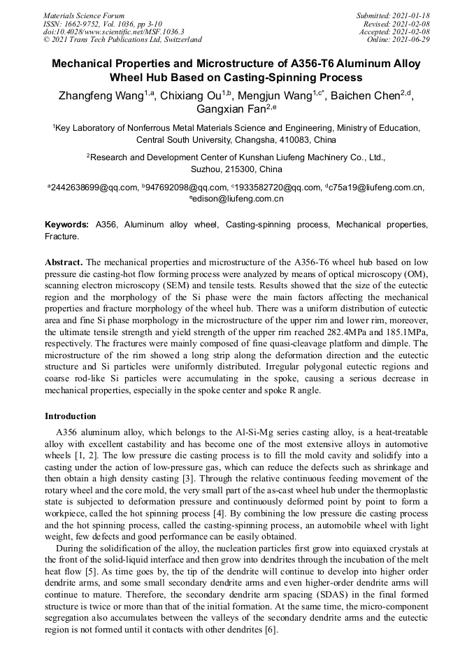 Mechanical Properties and Microstructure of A356T6 Aluminum Alloy Wheel Hub Based on Casting