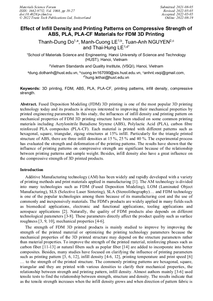 Effect of Infill Density and Printing Patterns on Compressive Strength of ABS, PLA, PLACF