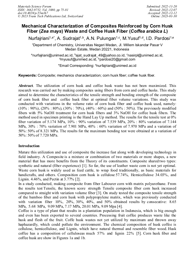 Mechanical Characterization Of Composites Reinforced By Corn Husk Fiber (Zea mays) Waste and
