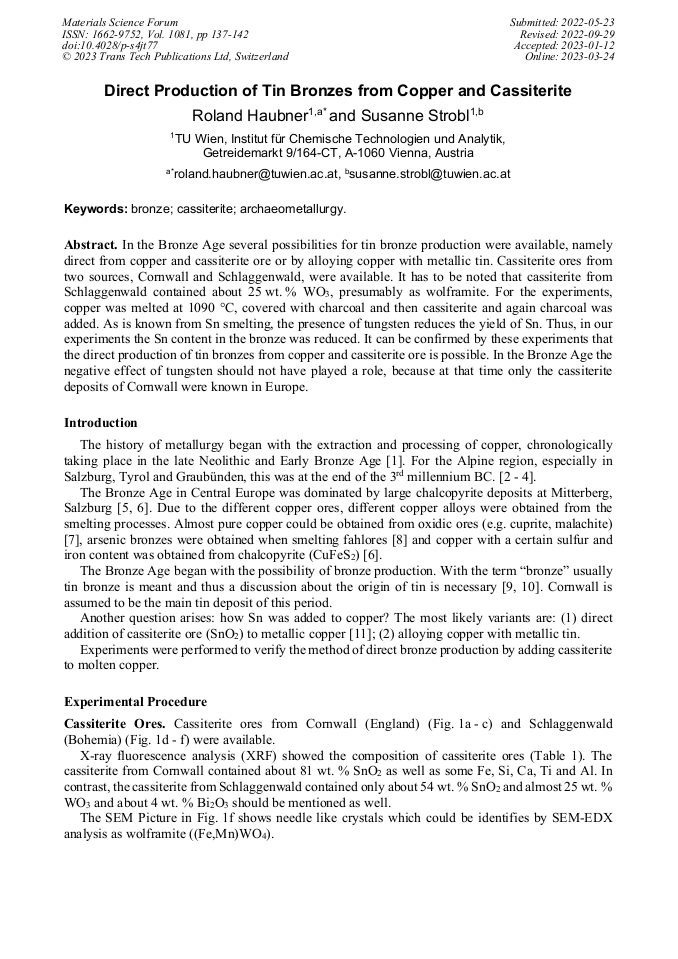 Direct Production of Tin Bronzes from Copper and Cassiterite