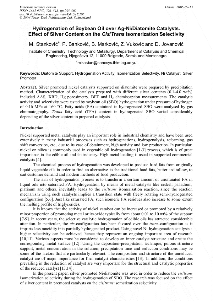 Hydrogenation of Soybean Oil over AgNi/Diatomite Catalysts. Effect of