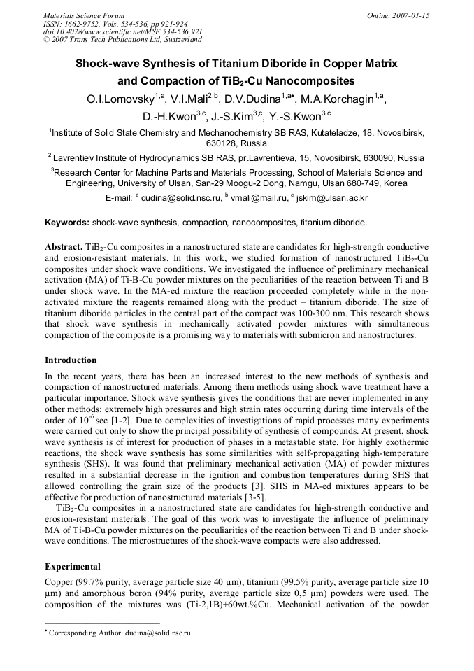 ShockWave Synthesis of Titanium Diboride in Copper Matrix and