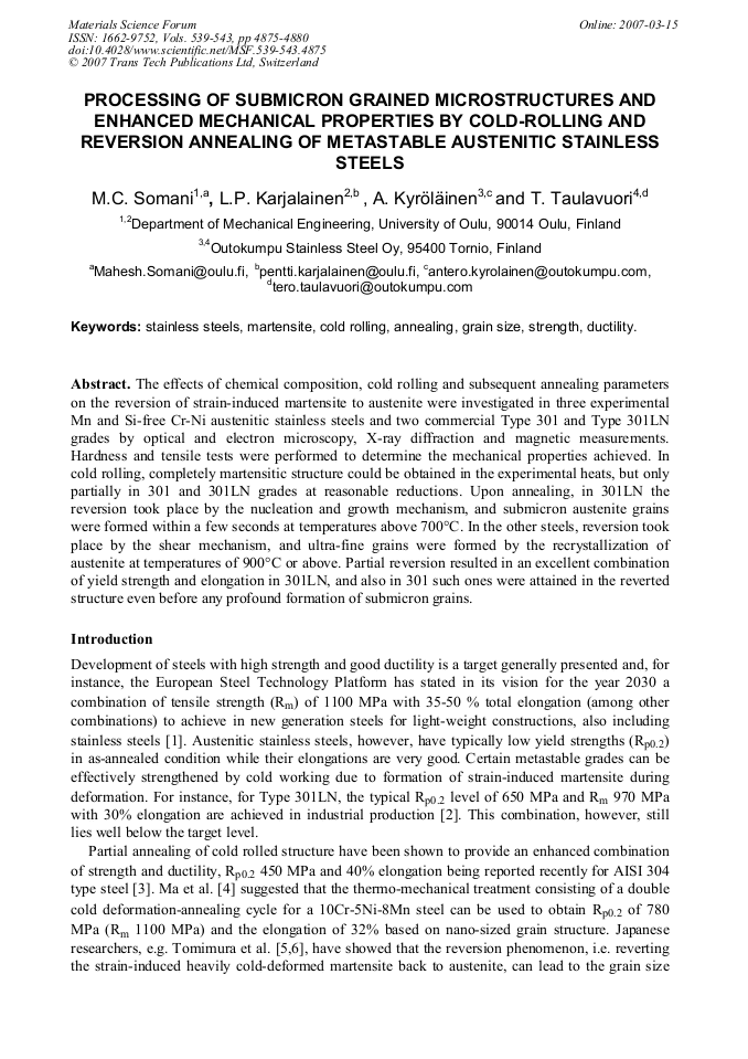 Processing of Submicron Grained Microstructures and Enhanced Mechanical
