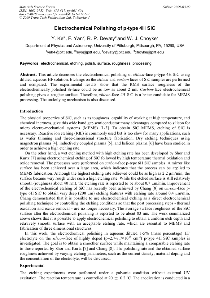 Electrochemical Polishing of pType 4H SiC